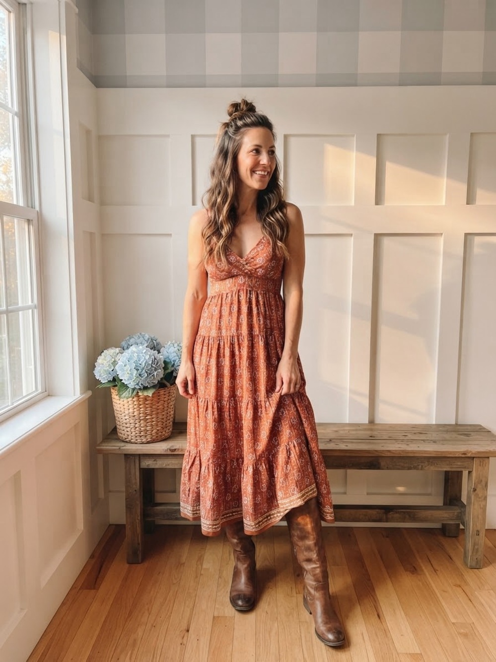 Boho Rust Silk Paisley Tiered Maxi Dress with V-Neck Medium